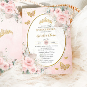 Convites Boho Rústico Pampas Rosa Floral Quinceañera