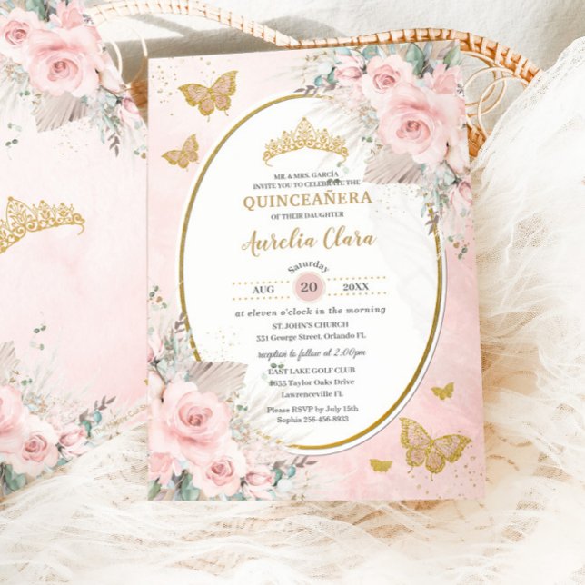 Convites Boho Rústico Pampas Rosa Floral Quinceañera (Criador carregado)