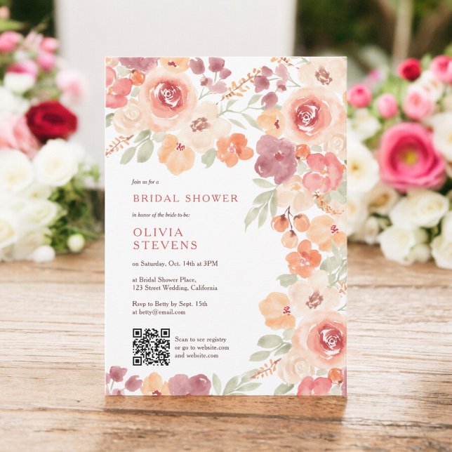 Convites Boho rústico queda pêssego pincel pincel chá de pa (Boho rustic fall peach blush qr code bridal shower invitation)