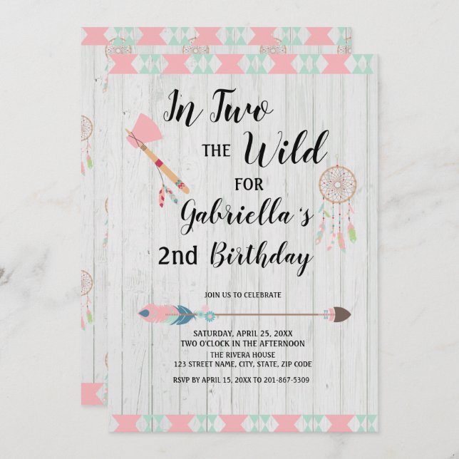 Convites Boho rústico tribal em DOIS o segundo aniversário (Frente/Verso)