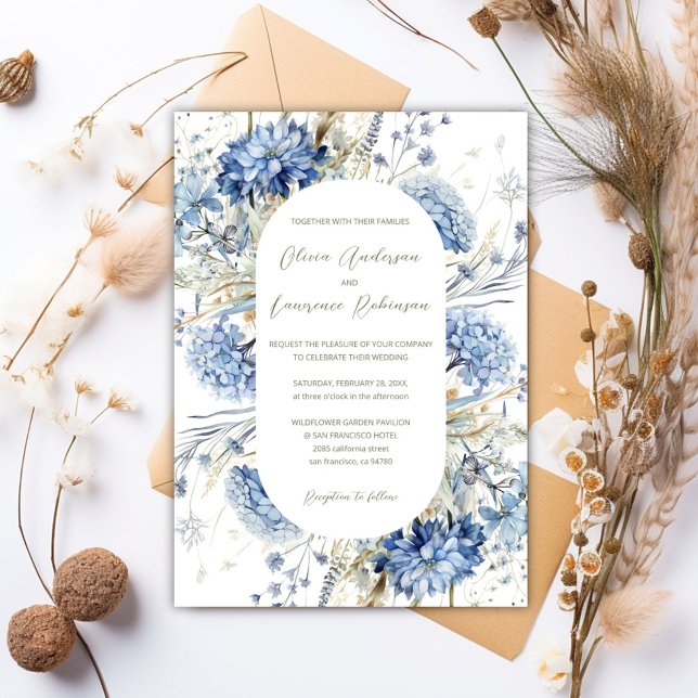 Convites Boho Sage Dusty Blue Selvagens Casamento no invern (Boho Sage Dusty Blue Wildflowers QR Winter Wedding Invitation)