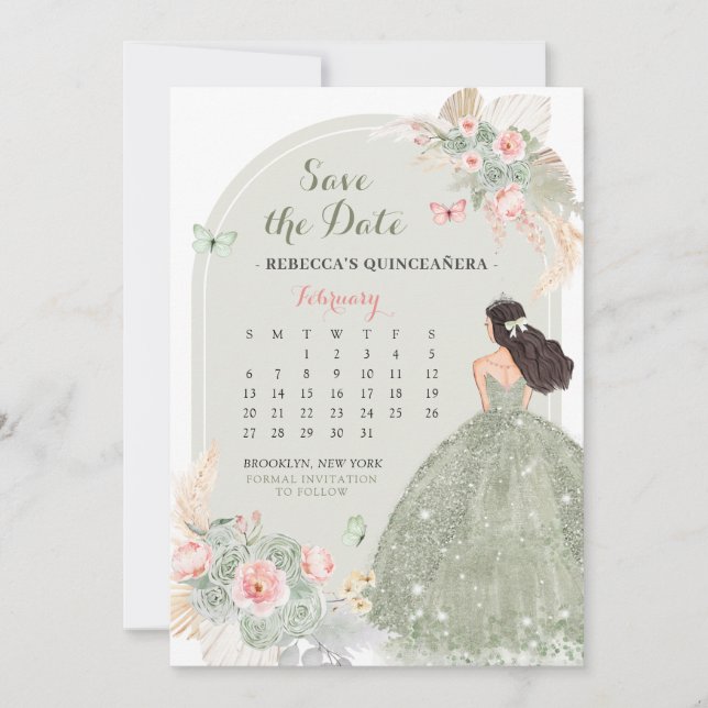 Convites Boho Sage Green 15 Años Salve O Calendário De Data (Frente)