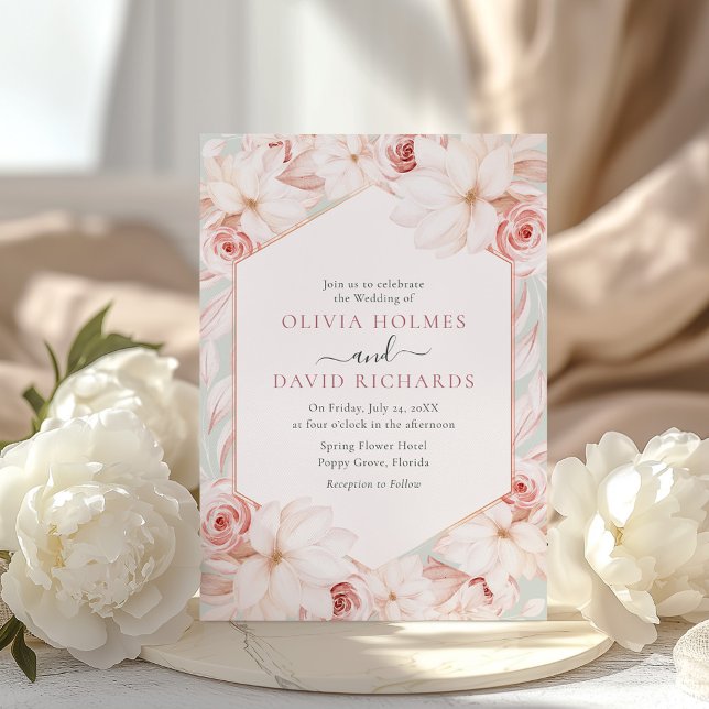 Convites Boho Sage Green e Blush Pink Floral Casamento (Boho Sage Green and Blush Pink Floral Wedding Invitation on an elegant table with white peonies)