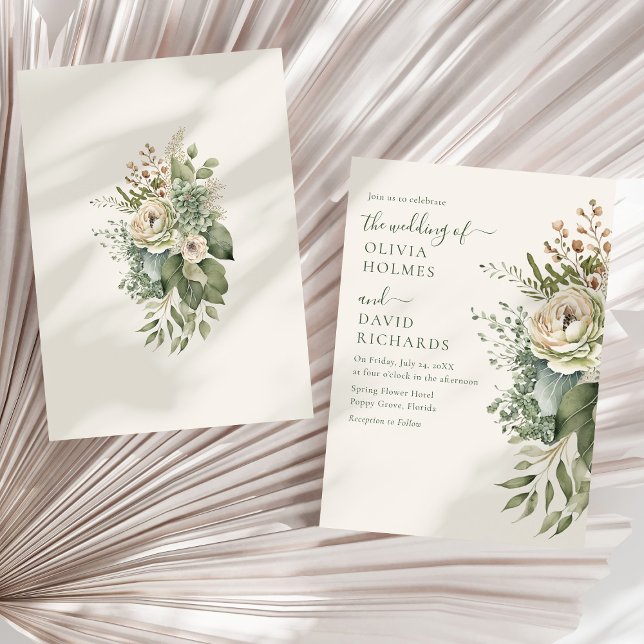 Convites Boho Sage Green e Ivory Widlflower Casamento (Boho Sage Green and Ivory Widlflowers Wedding Invitation on a sunny white dry palm leaf.)
