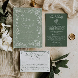 Convites Boho Sage Green Floral Botanical Modern Wedding
