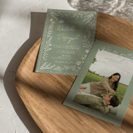 Convites Boho Sage Green Floral Botanical Photo Wedding