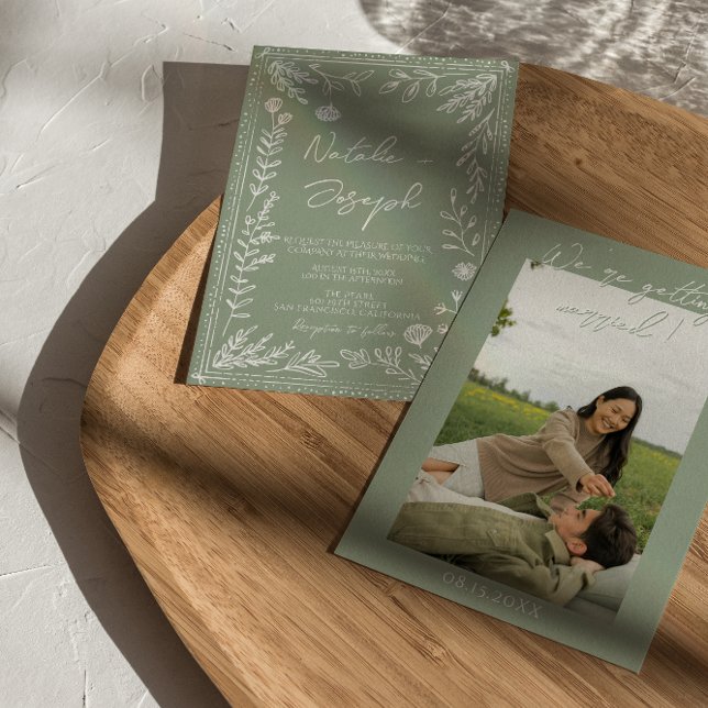 Convites Boho Sage Green Floral Botanical Photo Wedding (Criador carregado)