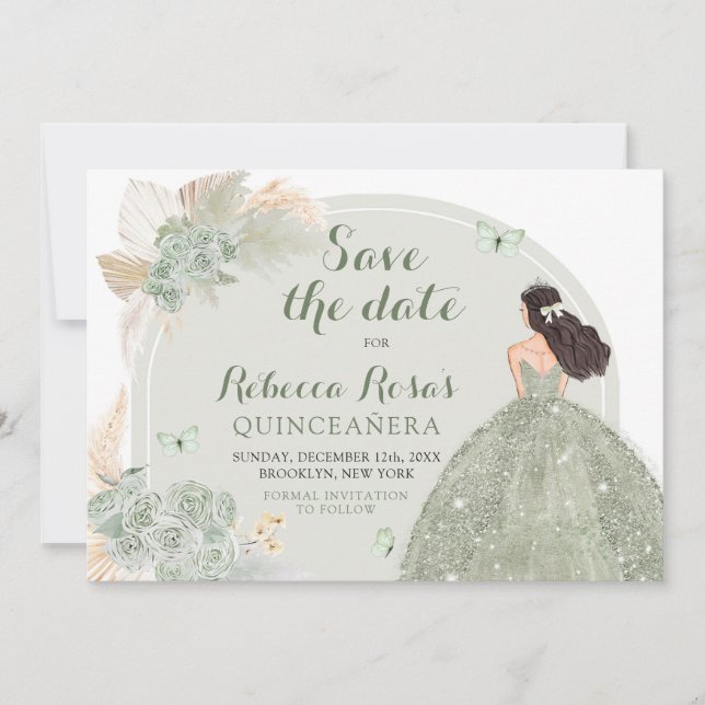 Convites Boho Sage Green Floral Quinceañera Salve A Data (Frente)