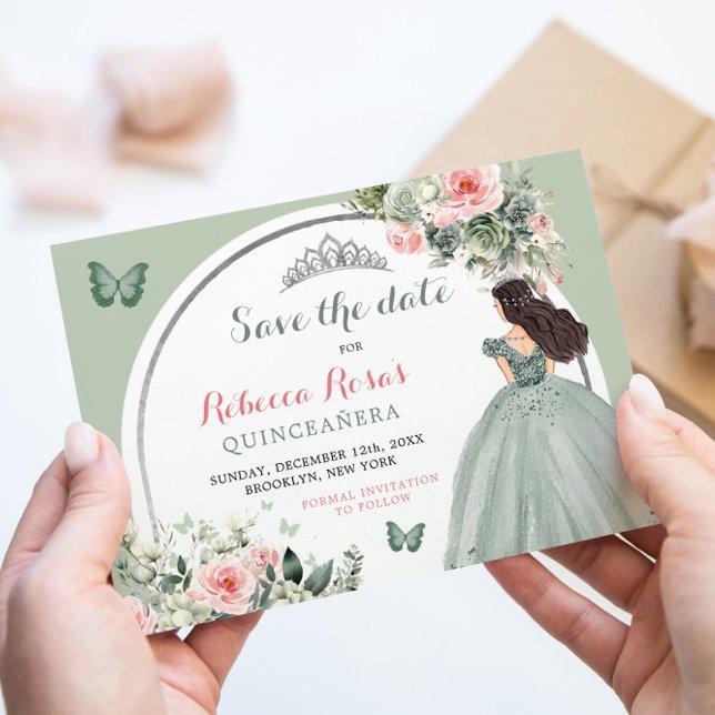 Convites Boho Sage Green Floral Quinceañera Salve A Data (Criador carregado)