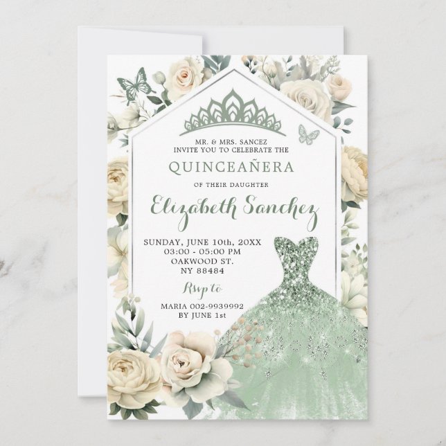 Convites Boho Sage Green Ivory Quinceañera Royale (Frente)