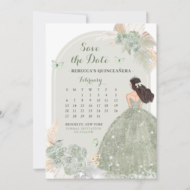 Convites Boho Sage Green Mis Quince Salvar O Calendário De  (Frente)