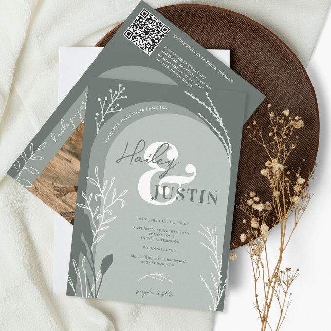 Convites Boho sage green photonames script arco casamento (Criador carregado)