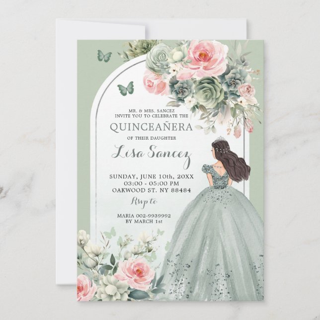 Convites Boho Sage Green Pink Floral Princesa Quinceañera (Frente)