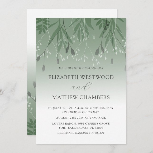 Convites Boho Sage Green Pressed Foliage Wedding (Frente/Verso)