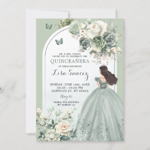 Convites Boho Sage Green Princess Butterfly Quinceañera