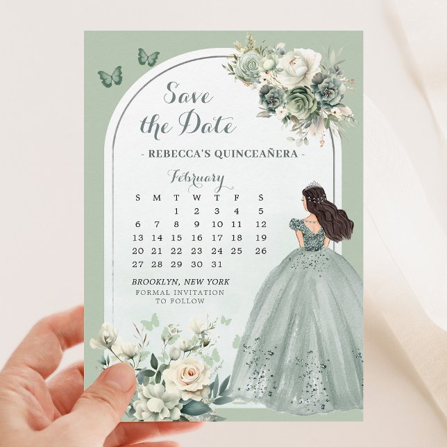 Convites Boho Sage Green Quinceañera Calendário Salvar Data (Criador carregado)
