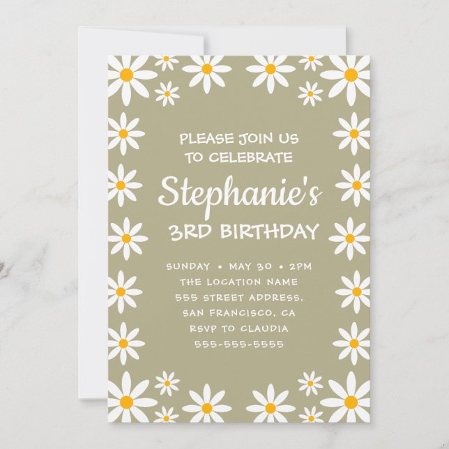 Convites Boho Sage Green Retro Daisies Birthay Party (Frente)