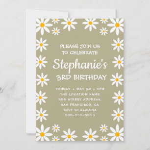 Convites Boho Sage Green Retro Daisies Birthay Party
