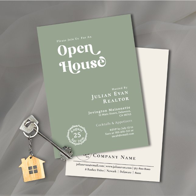 Convites Boho Sage Green Typografia Business Open House (Property Photo Background Typography Open House Invitation)
