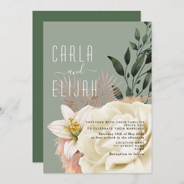 Convites Boho Sage Green Wildflower Wedding (Frente/Verso)