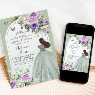 Convites Boho Sage Verde Lavanda Floral Quinceañera