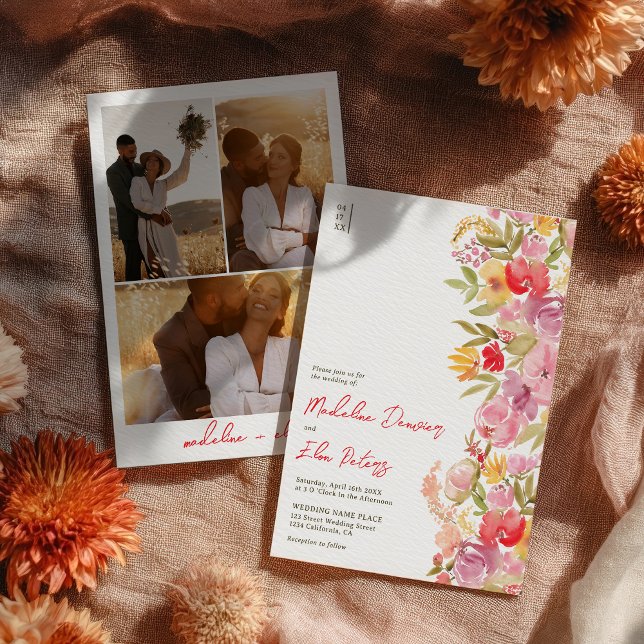 Convites Boho-selvagem Elegante 3 casamento fotográfico (Elegant botanical boho wildflowers 3 photo wedding invitation)