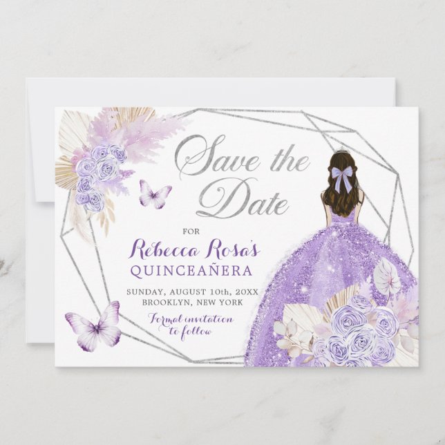 Convites Boho Silver Lilac Floral Quinceañera Salvar A Data (Frente)
