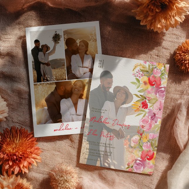 Convites Boho-silvestre Elegante 4 casamento fotográfico (Elegant botanical boho wildflowers 4 photo wedding invitation)