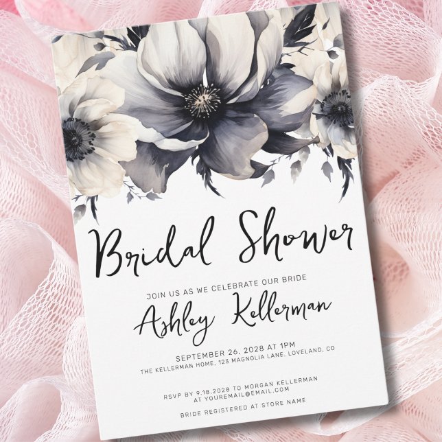 Convites Boho Simples Chá de Noiva Floral Moderno (Boho Elegant Floral Black White Bridal Shower Invitation)