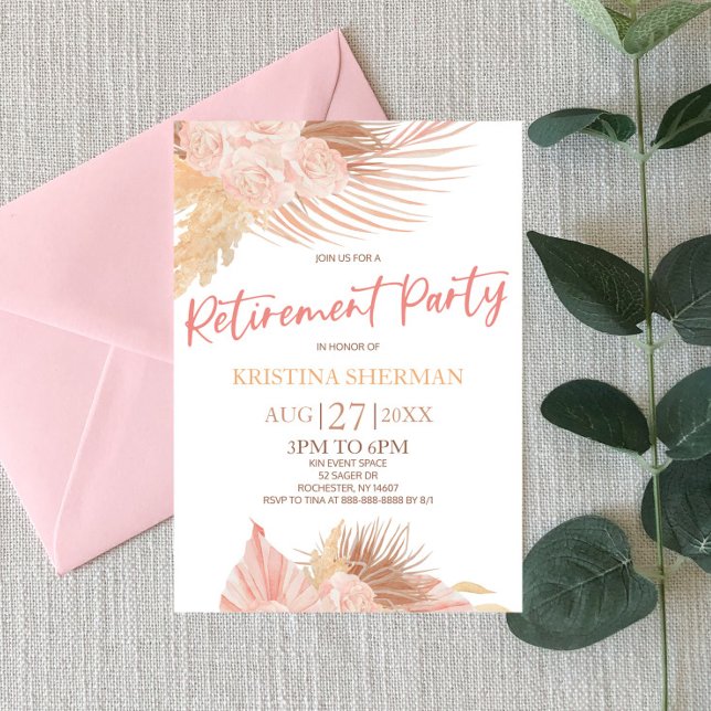 Convites Boho Soft Pink Floral Flower Retirement Party (Criador carregado)