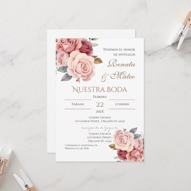 Convites Boho Spanish Wedding Invitation (Frente/Verso In Situ)