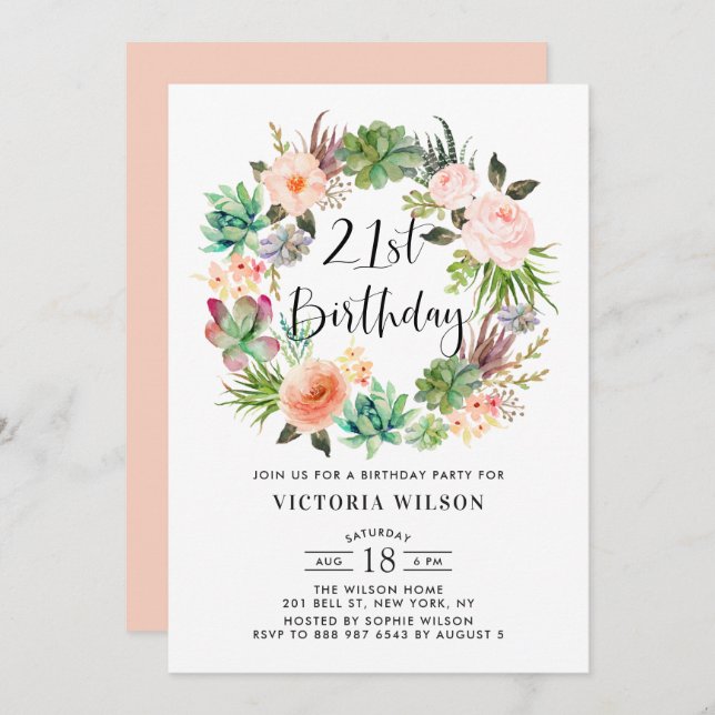 Convites Boho Succulents Floral Wreath aniversário de 21 an (Frente/Verso)