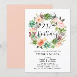 Convites Boho Succulents Floral Wreath aniversário de 21 an
