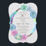 Convites Boho Succultus Wreath aniversário de 30 anos<br><div class="desc">Design moderno,  rústico,  com uma corante aquosa suculenta,  com penas coloridas e fontes manuscritas,  sobre fundo branco texturizado. Use a ferramenta Personalizar para adicionar suas informações. Para itens correspondentes,  por favor,  visite a minha coleção de casamentos do Succulent Cactus Wreath.</div>