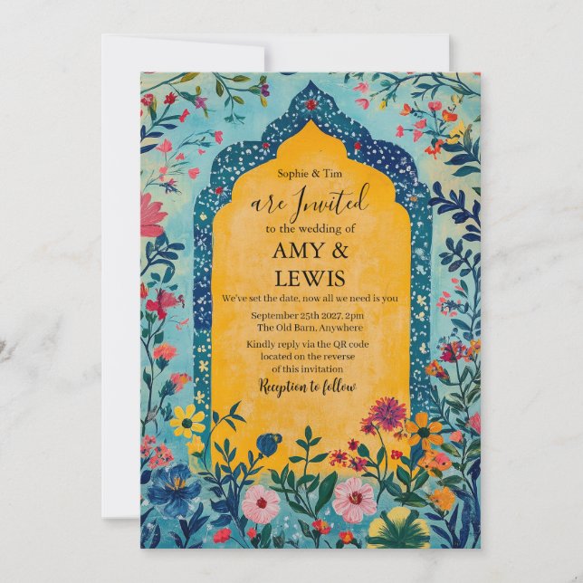 Convites Boho Summer Blue Floral Wedding Invitation (Frente)