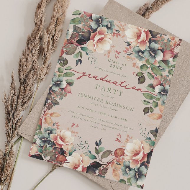 Convites Boho Summer Floral Festa de formatura Champanhe (Boho Summer Floral Graduation Party Champagne Invitation)