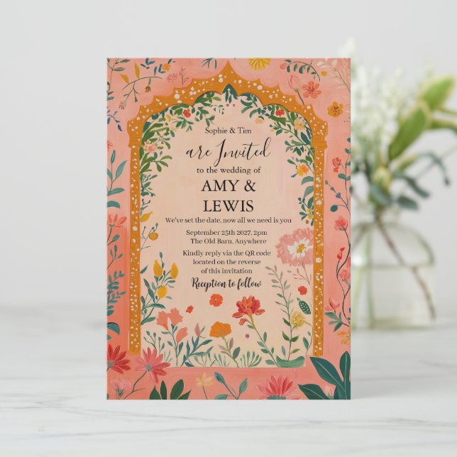 Convites Boho Summer Pink Floral Wedding Invitation (Em pé/Frente)