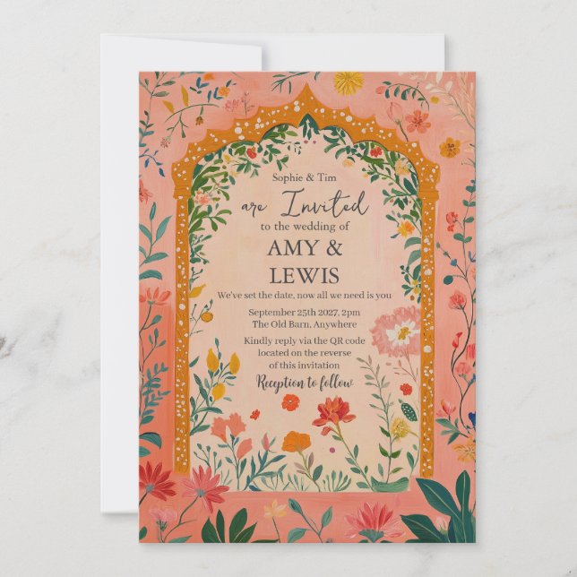Convites Boho Summer Pink Floral Wedding Invitation (Frente)