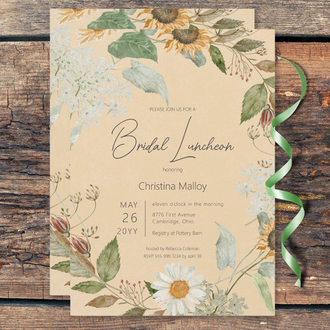 Convites Boho Summer Sunflower & Daisy Dourado Bridal Lunch (Boho Summer Sunflower & Daisy Gold Bridal Luncheon Invitation)