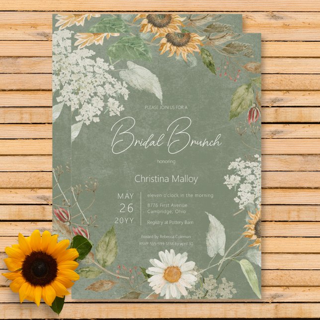 Convites Boho Summer Sunflower & Daisy Green Bridal Brunch (Boho Summer Sunflower & Daisy Green Bridal Brunch Invitation)