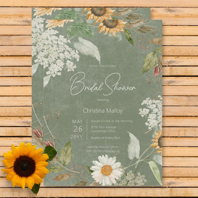 Convites Boho Summer Sunflower & Daisy Green Chá de panela (Boho Summer Sunflower & Daisy Green Bridal Shower Invitation)