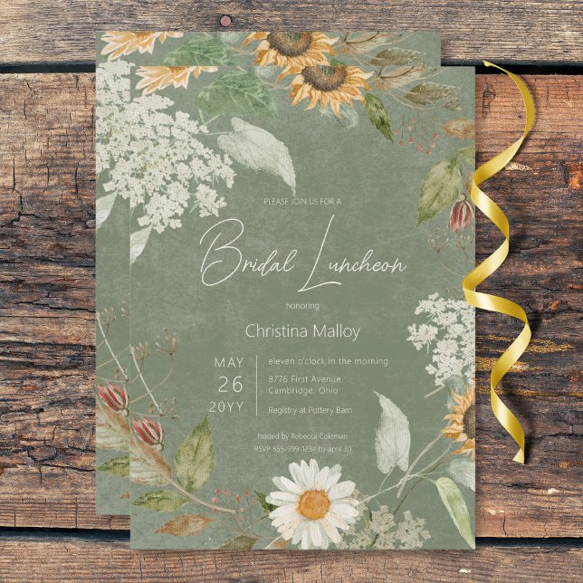 Convites Boho Summer Sunflower e Daisy Green Bridal Lunch (Boho Summer Sunflower & Daisy Green Bridal Lunch Invitation)