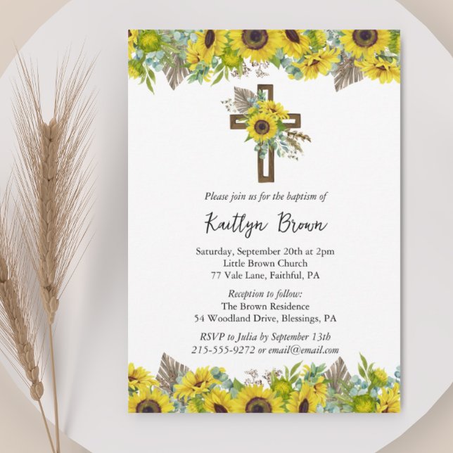Convites Boho Sunflower and Rustic Wooden Cross Baptism (Criador carregado)