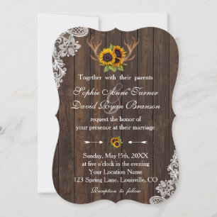 Convites Boho Sunflower Antlers Casamento de Wood Lace