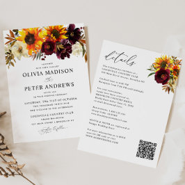 Convites Boho Sunflower Burgundy Floral Tudo em Um Casament