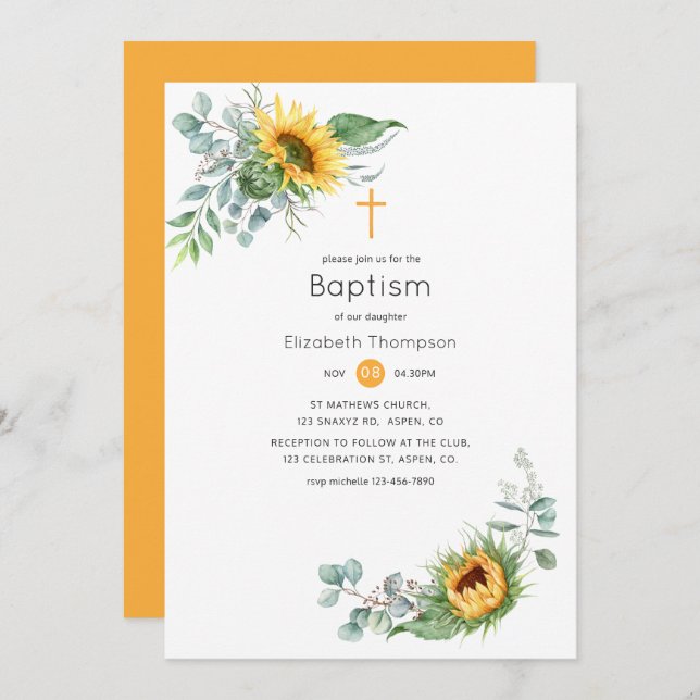 Convites Boho Sunflower Eucalyptus Baptism (Frente/Verso)