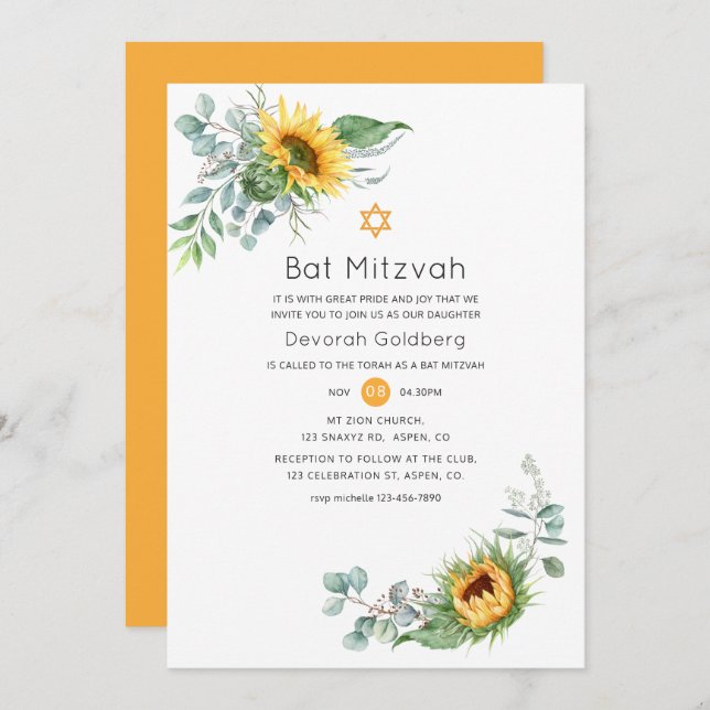 Convites Boho Sunflower Eucalyptus Bat Mitzvah (Frente/Verso)