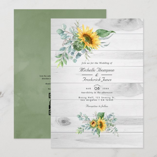 Convites Boho Sunflower Eucalyptus - Casamento Russo (Frente/Verso)