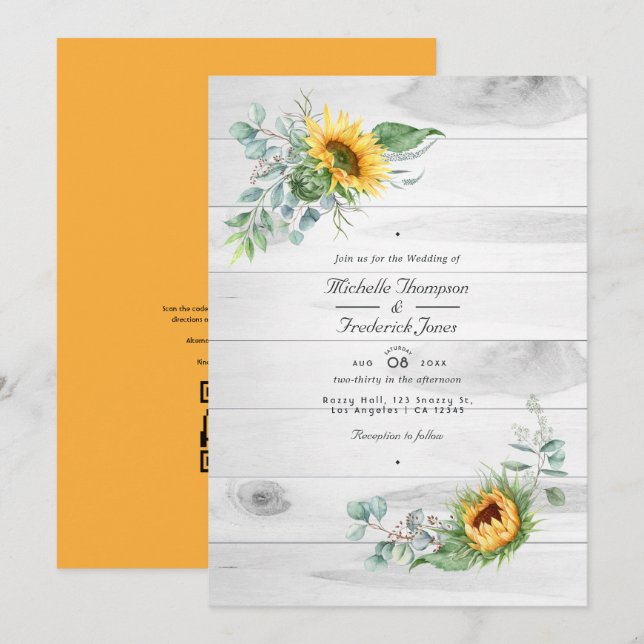 Convites Boho Sunflower Eucalyptus Código QR Casamento RSVP (Frente/Verso)