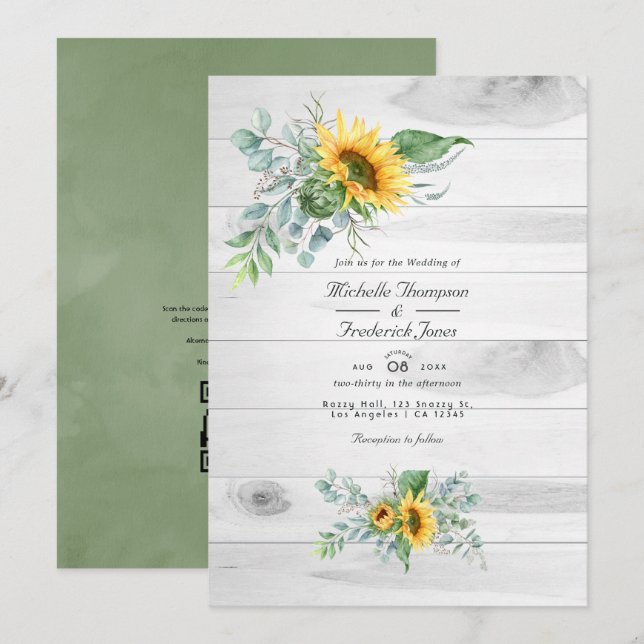 Convites Boho Sunflower Eucalyptus Código QR Casamento RSVP (Frente/Verso)